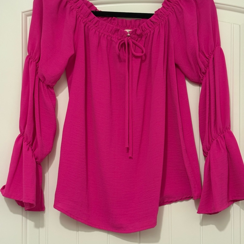 Vine & Love Hot Pink Off The Shoulder Blouse Smocked Bell Sleeve Fuchsia